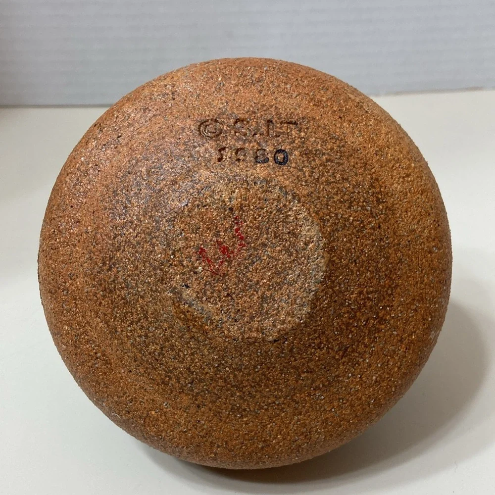 Vintage 1980 SJT Carma Sand Pottery Lamp Vase Folk Art Hand Made Brown Signed